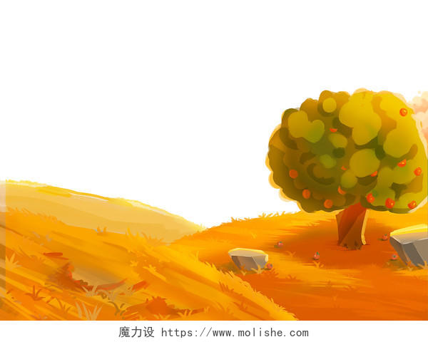 橙色手绘卡通柿子树山坡草坡秋天秋季元素PNG素材